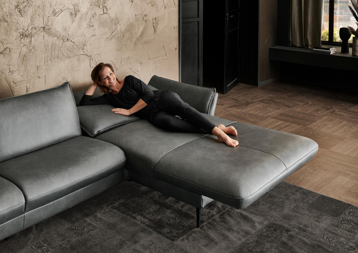 ECKSOFA in Echtleder Anthrazit  - Anthrazit/Schwarz, Design, Leder/Metall (334/172cm) - Hukla