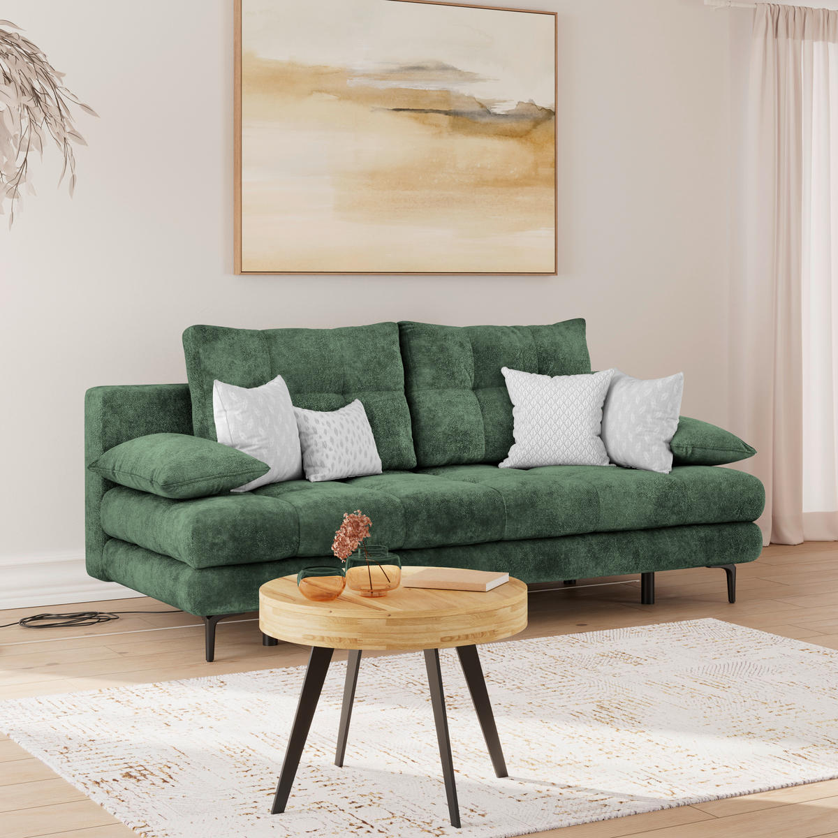 SCHLAFSOFA Chenille Dunkelgrün  - Dunkelgrün/Schwarz, Konventionell, Textil/Metall (203/94/96cm) - MID.YOU