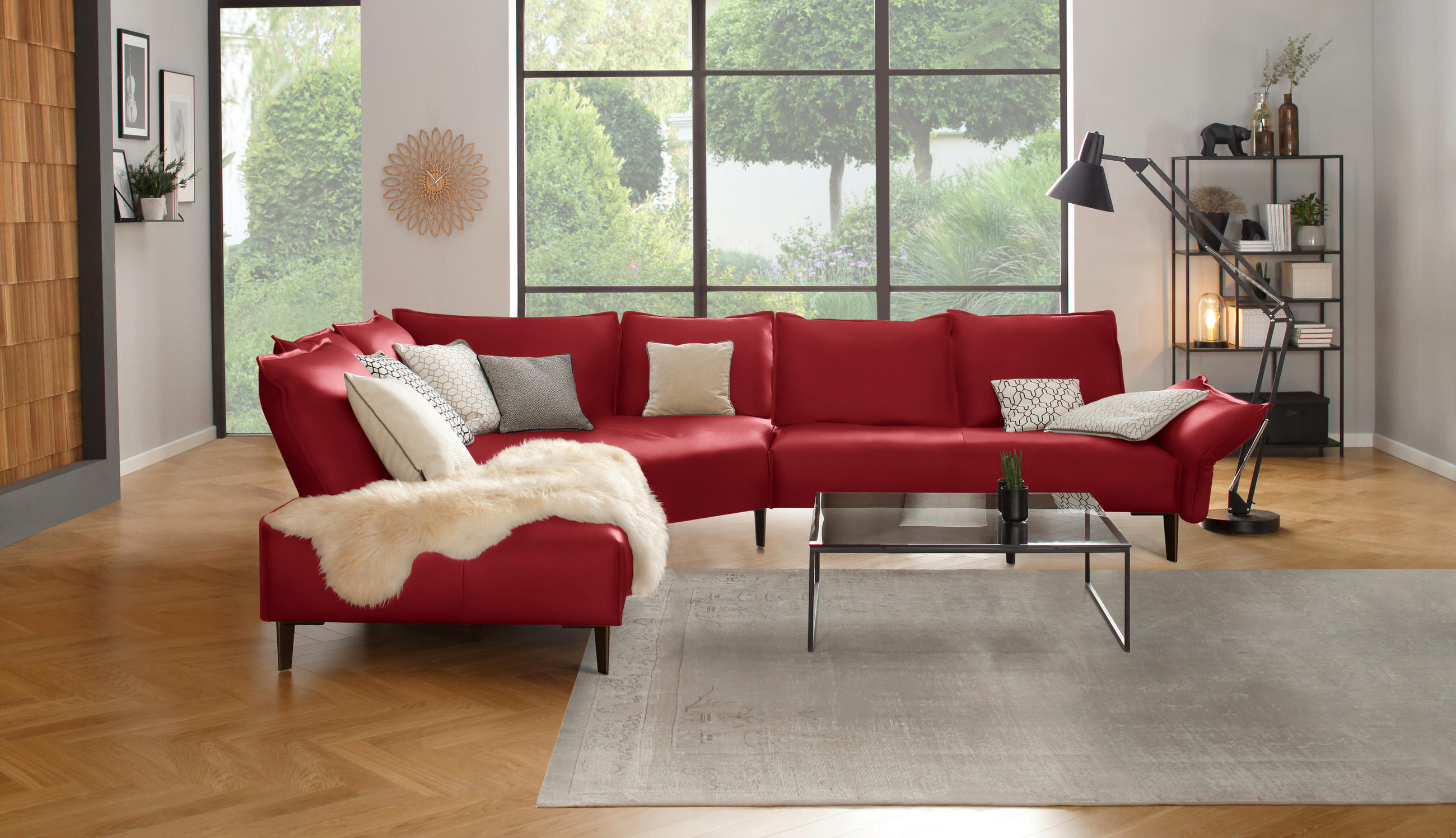ECKSOFA in Echtleder Rot  272/340 cm  - Rot/Schwarz, Design, Leder/Metall (272/340cm) - W.Schillig