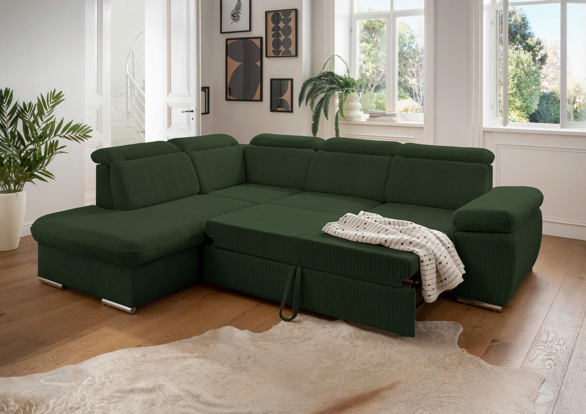 ECKSOFA in Cord Dunkelgrün  - Chromfarben/Dunkelgrün, Design, Textil/Metall (228/283cm) - Livetastic