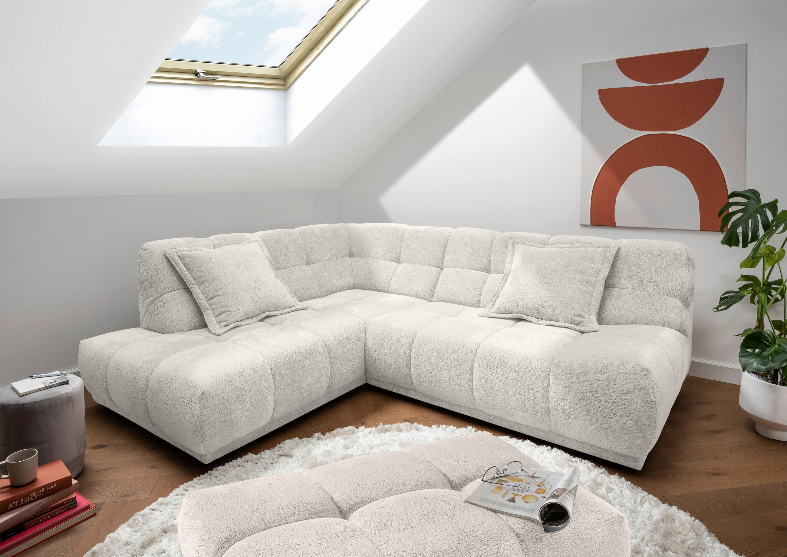 ECKSOFA Chenille Creme  - Creme/Schwarz, Modern, Kunststoff/Textil (203/254cm) - Livetastic