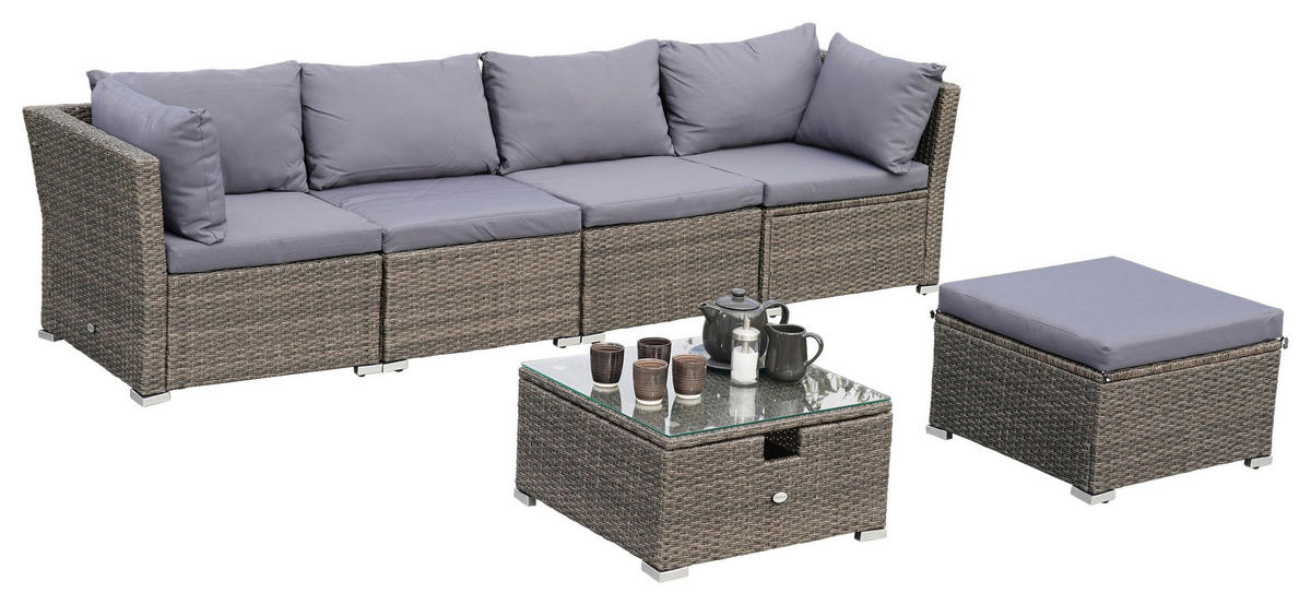 ZAHRADNÍ SEDACÍ SOUPRAVA 14dílné, kov, plast, sklo, textil - šedá, Konvenční, kov/textil (190/40/181cm) - Gardenson