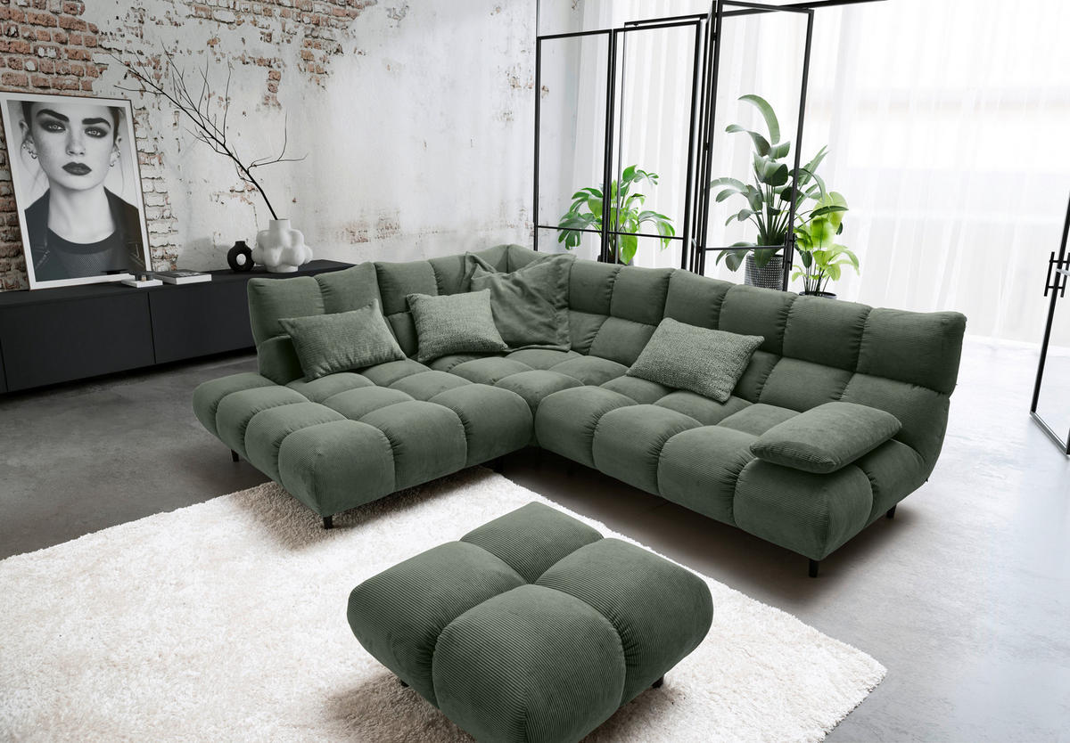 ECKSOFA Ottomane links, Eckteil  Olivgrün Feincord  - Schwarz/Olivgrün, Design, Holz/Textil (215/288cm) - Pure Home Lifestyle