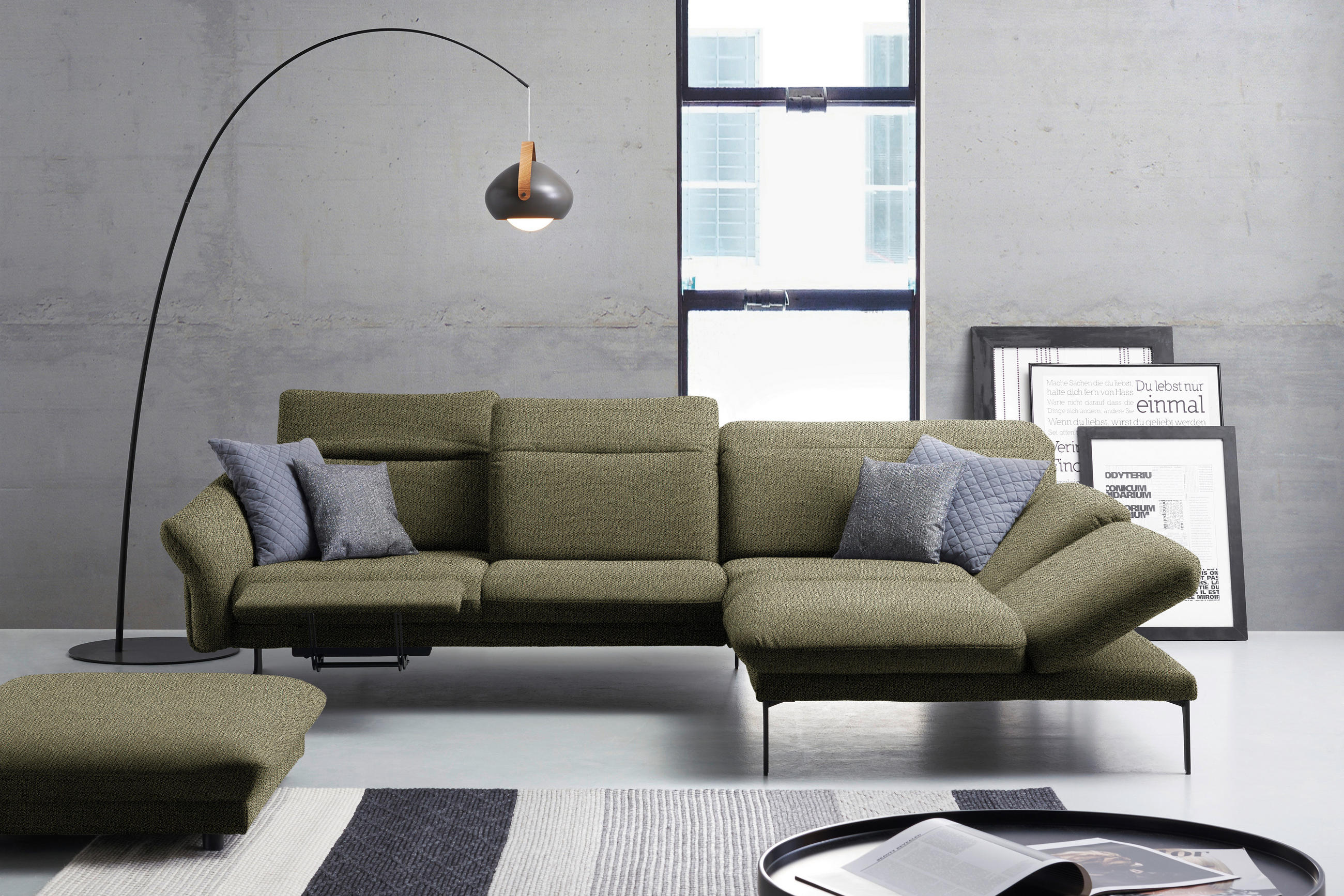 ECKSOFA in Webstoff Olivgrün  - Anthrazit/Olivgrün, Design, Textil/Metall (299/203cm) - Himolla
