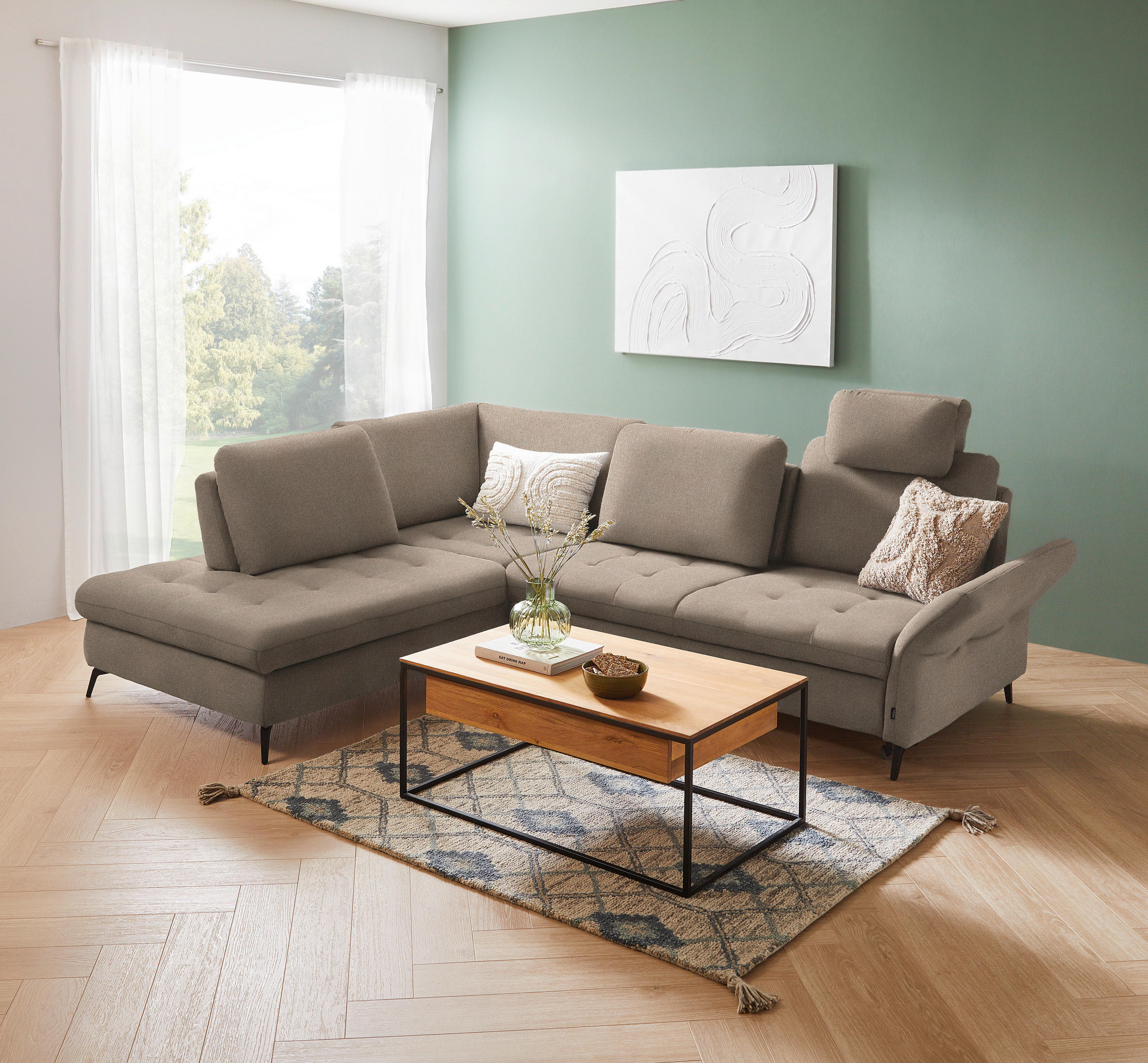 ECKSOFA Beige Flachgewebe  - Beige/Schwarz, Natur, Textil/Metall (233/288cm) - Valnatura