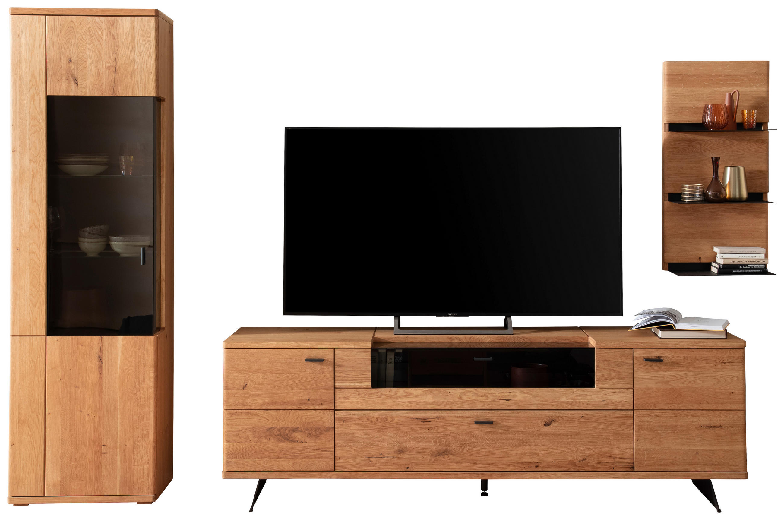 WOHNWAND 3-teilig in Wildeiche 305/209/50 cm - Wildeiche/Anthrazit, Natur, Glas/Holz (305/209/50cm) - Linea Natura