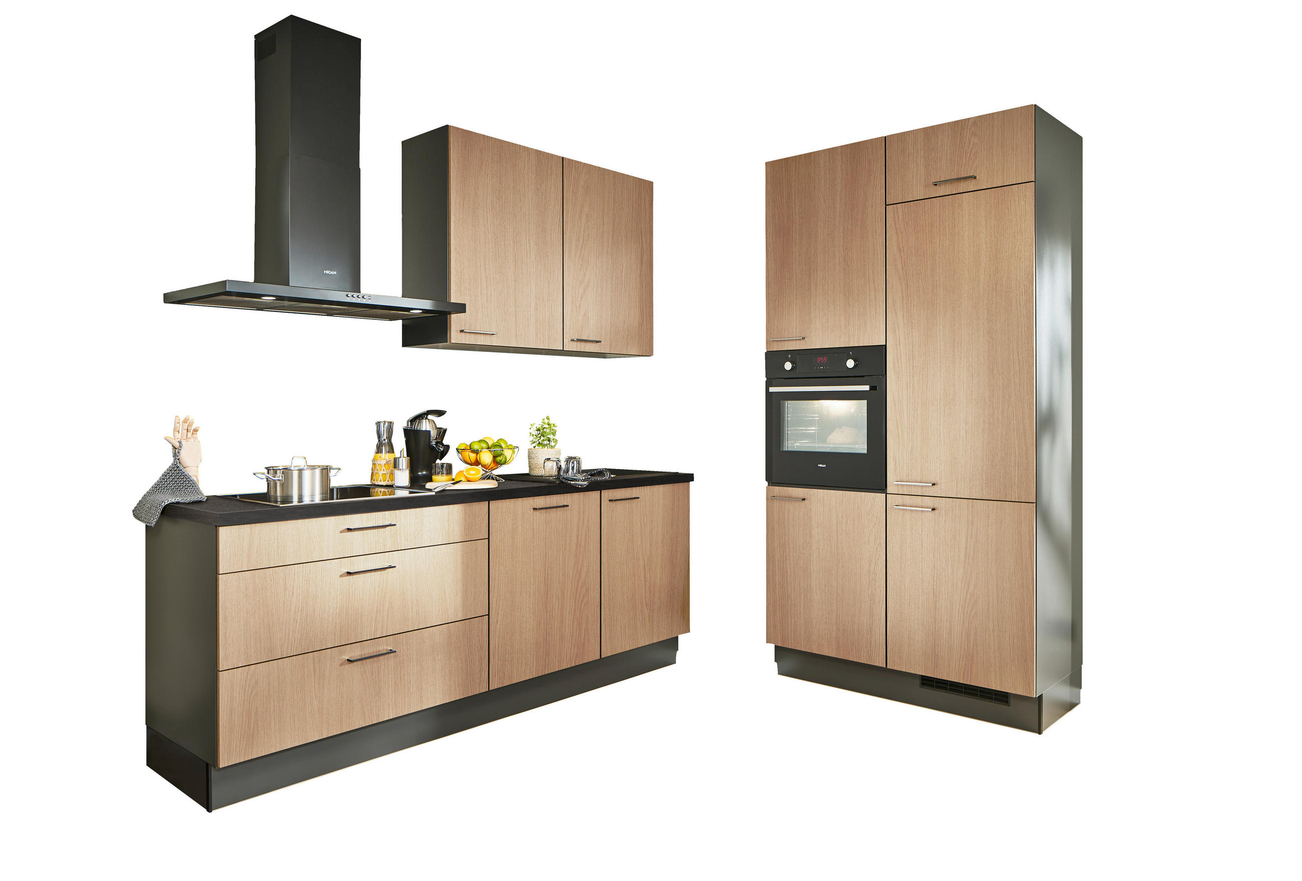 ECKKÜCHE 220/120 cm  in Graphitfarben, Schwarz, Eichefarben  - Chromfarben/Eichefarben, Design, Holzwerkstoff/Metall (220/120cm) - Xora