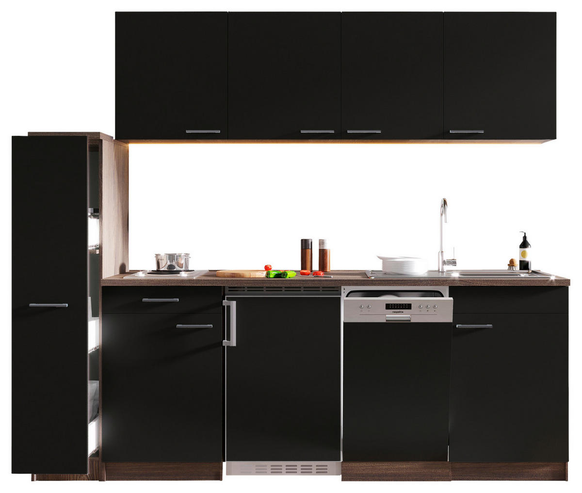 KÜCHENBLOCK 225 cm   in Schwarz  - Eichefarben/Alufarben, Basics, Holzwerkstoff/Kunststoff (225cm) - Respekta