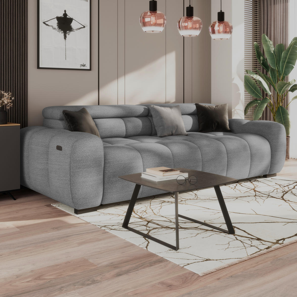 BIGSOFA inkl. mot. Funktion Webstoff Grau  - Schwarz/Grau, Design, Kunststoff/Textil (248/77-97/108cm) - Welnova