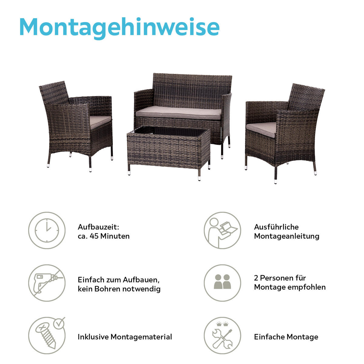 LOUNGEGARNITUR 4-teilig   Stahl  - Dunkelbraun/Creme, MODERN, Glas/Kunststoff - Ondega