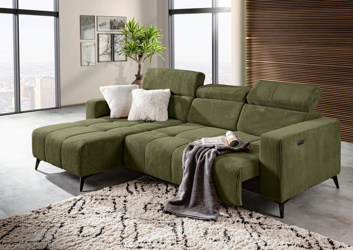 ECKSOFA Olivgrün Cord Rücken echt, Kopfteilverstellung, Sitzvorzug  - Schwarz/Olivgrün, KONVENTIONELL, Textil/Metall (170/257cm) - Carryhome