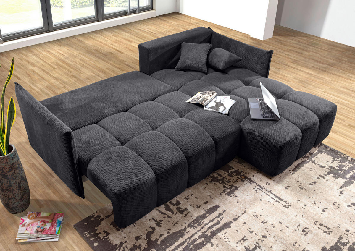 ECKSOFA Anthrazit Plüsch Zierkissen, Rückenkissen, Bettkasten, Schlaffunktion, Rücken echt, Liegefläche im Originalstoff  - Anthrazit/Schwarz, KONVENTIONELL, Kunststoff/Textil (253/192cm) - Carryhome