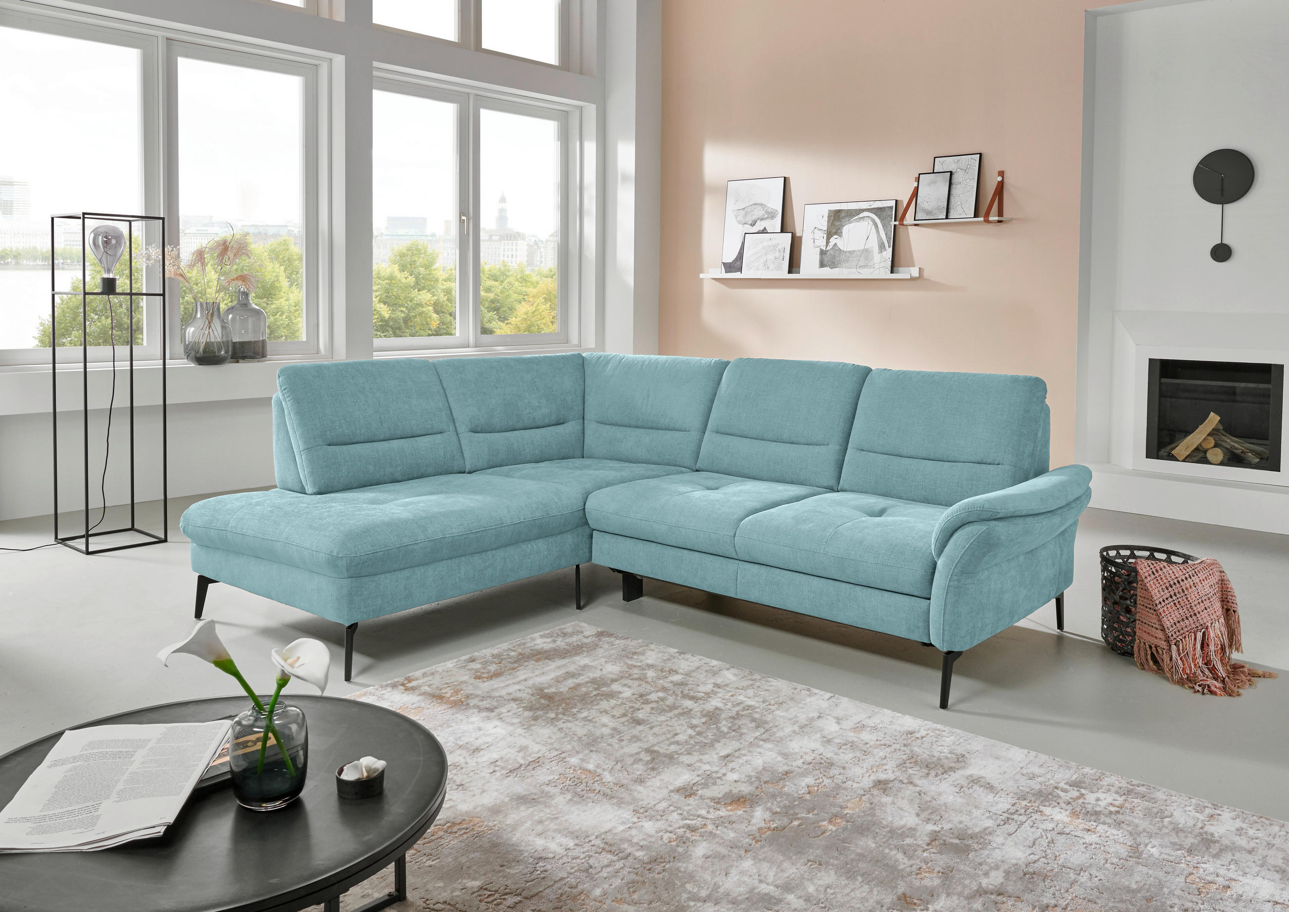 ECKSOFA in Webstoff Türkis  - Türkis/Schwarz, Design, Textil/Metall (206/256cm) - Beldomo System