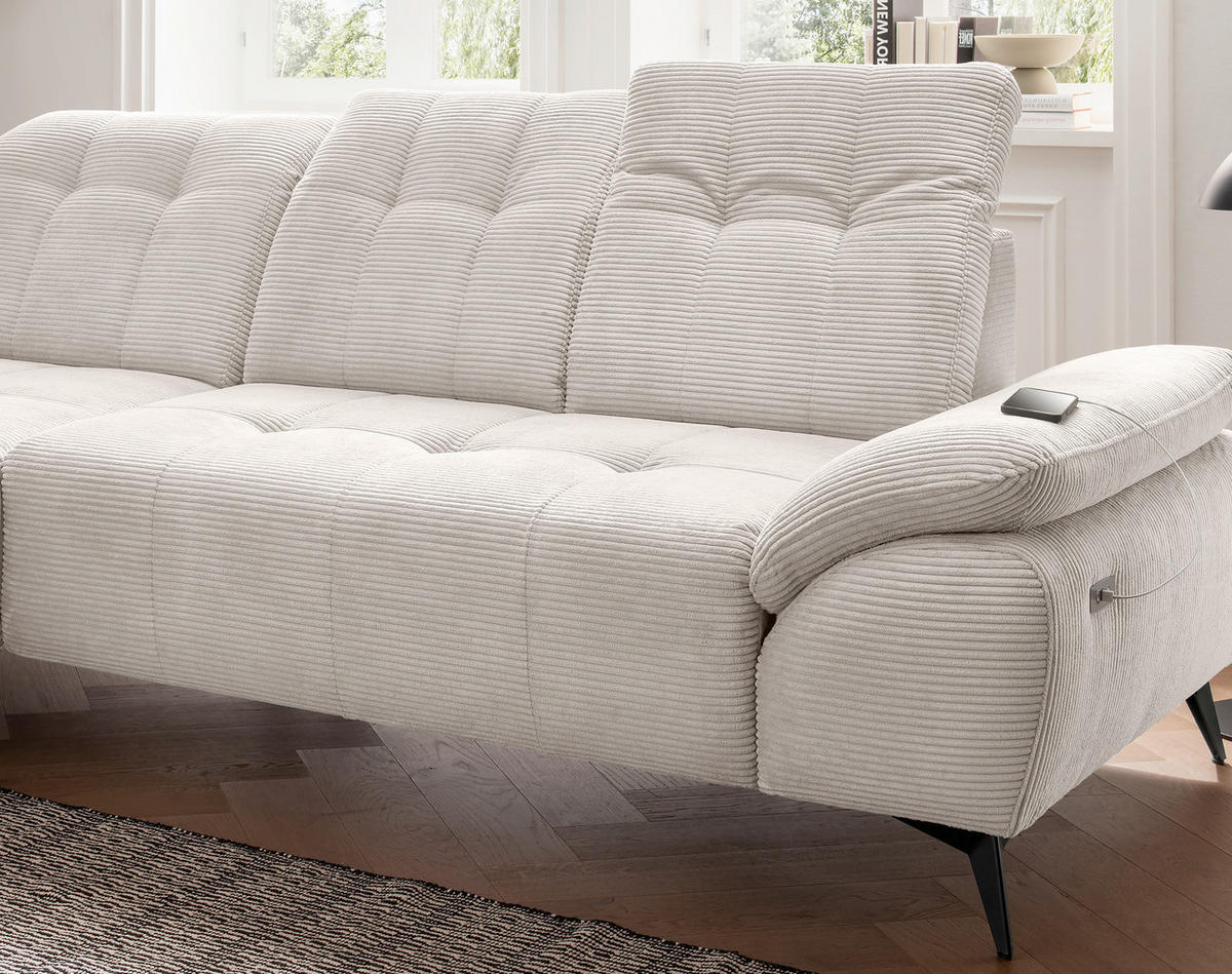 ECKSOFA FIORE in Cord Beige Kopfteilverstellung, Sitzvorzug  180/280 cm  - Beige/Schwarz, MODERN, Textil/Metall (180/280cm) - Livetastic