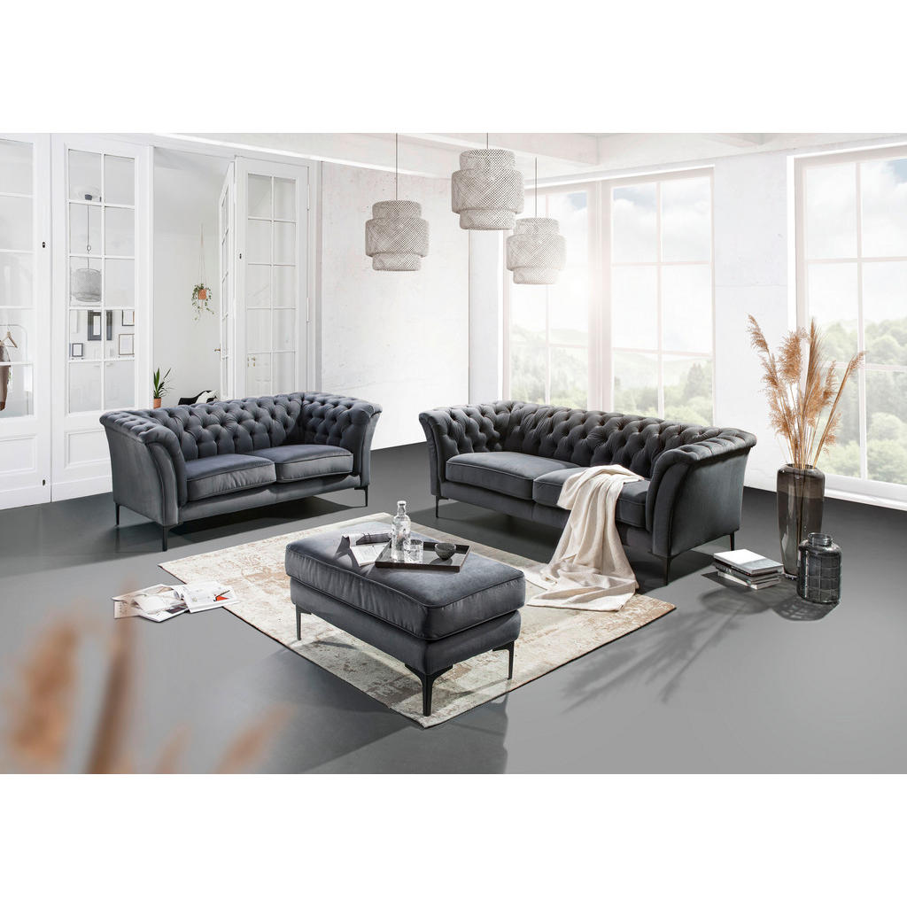 Thumbnail - Landscape Chesterfield-Sofa, Anthrazit, Textil, Uni, 2-Sitzer, 195x80x100 cm, Typenauswahl, Stoffauswahl, Hocker erhältl...
