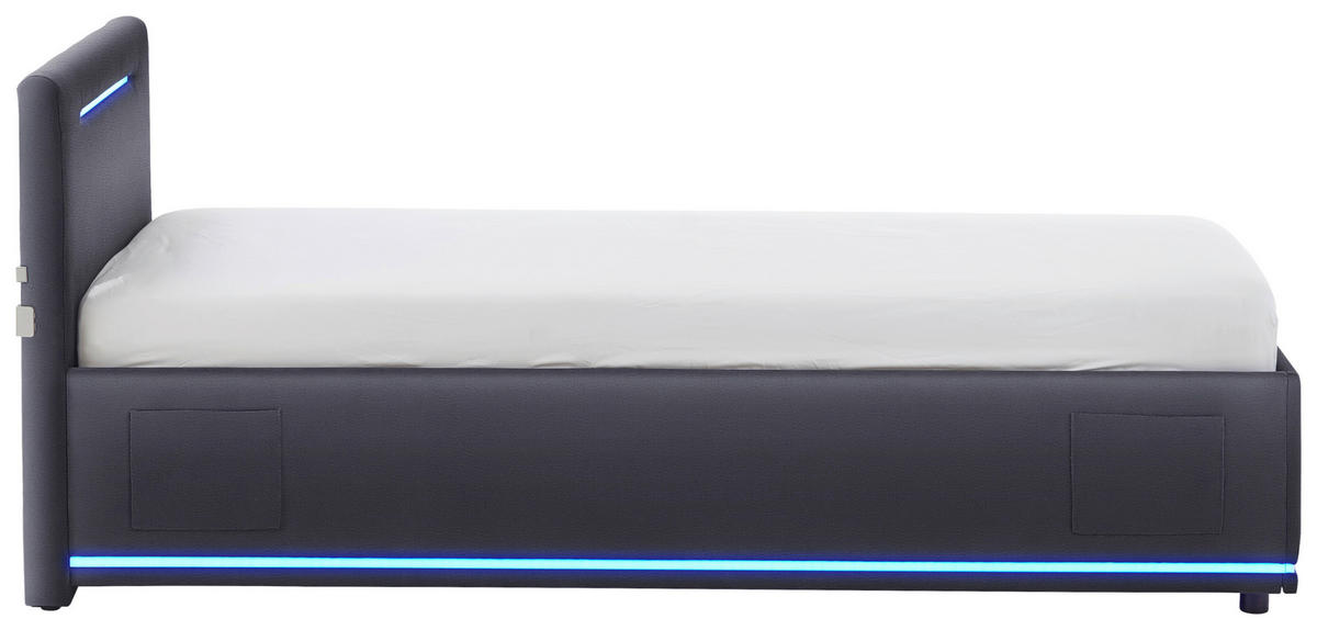 POLSTERBETT 90/200 cm,  in Schwarz, Beleuchtung, Lattenrost, Bettkasten,  - Birkefarben/Buchefarben, Design, Holz/Kunststoff (90/200cm) - Xora