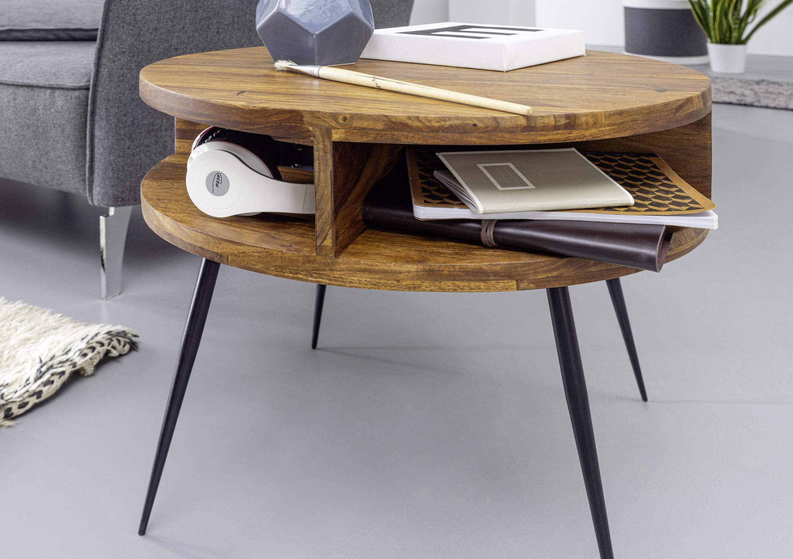 COUCHTISCH Sheesham massiv 60/60/50 cm rund Sheeshamfarben  - Sheeshamfarben/Schwarz, MODERN, Holz/Metall (60/60/50cm) - MID.YOU