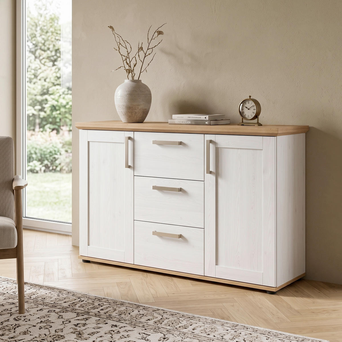 SIDEBOARD  129/80/40 cm 3 Schublade(n)  - Weiss/Silberfarben, Design, Holzwerkstoff/Kunststoff (129/80/40cm) - Livetastic