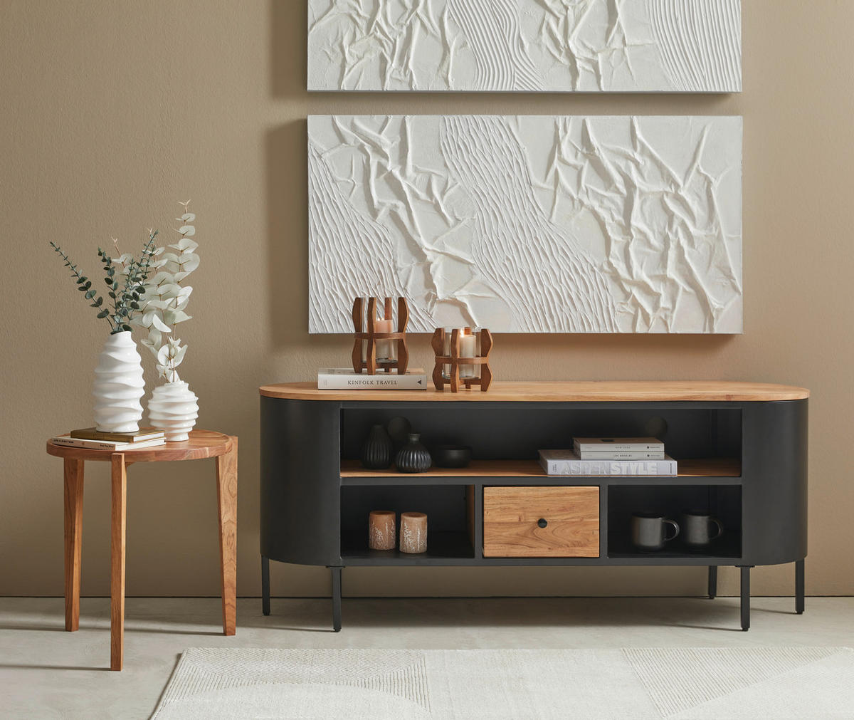 KOMODA POD TELEVIZI, akácie, černá, barvy akácie, 145/60/40 cm - černá/barvy akácie, Trend, kov/dřevo (145/60/40cm) - Ambia Home