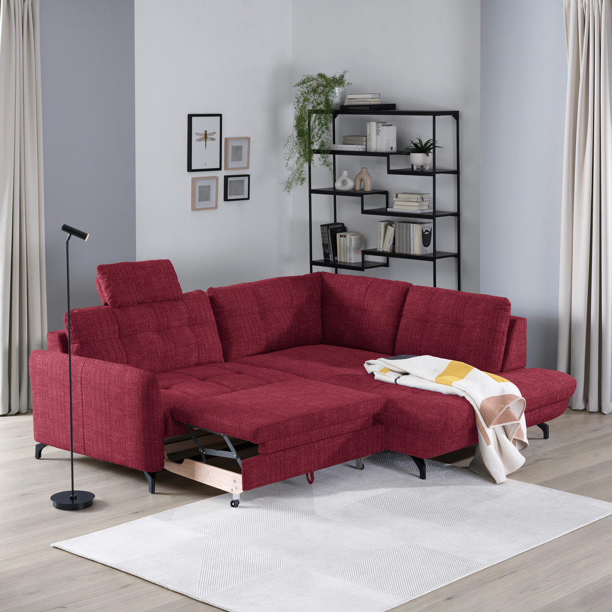 ECKSOFA in Flachgewebe, Leinenoptik Rot  - Rot/Schwarz, Modern, Textil/Metall (247/208cm) - Xora