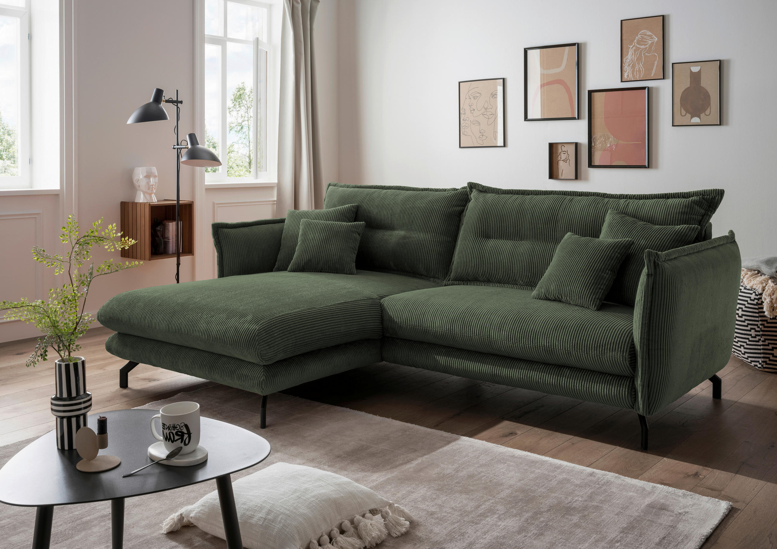 ECKSOFA Grün Cord  - Schwarz/Grün, MODERN, Textil/Metall (180/255cm) - Livetastic