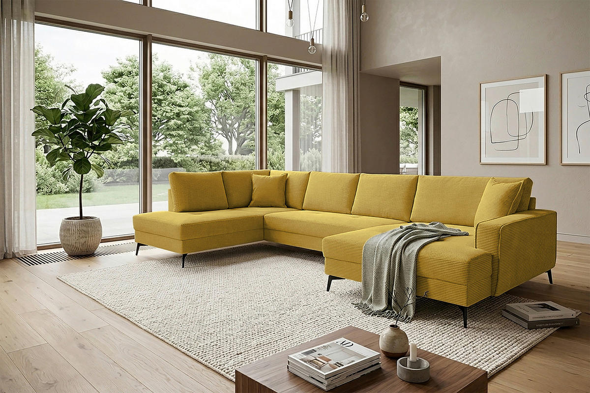 WOHNLANDSCHAFT ZERO Senfgelb Cord  - Senfgelb/Schwarz, Trend, Textil/Metall (195/362/173cm) - Livetastic