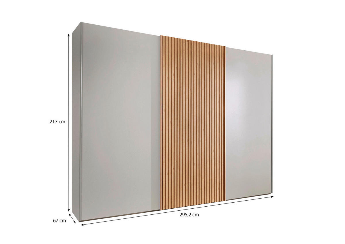 SCHWEBETÜRENSCHRANK 300/217/67 cm 3-türig Champagner, Eiche Bianco  - Eiche Bianco/Champagner, Design, Holzwerkstoff/Metall (300/217/67cm) - Novel