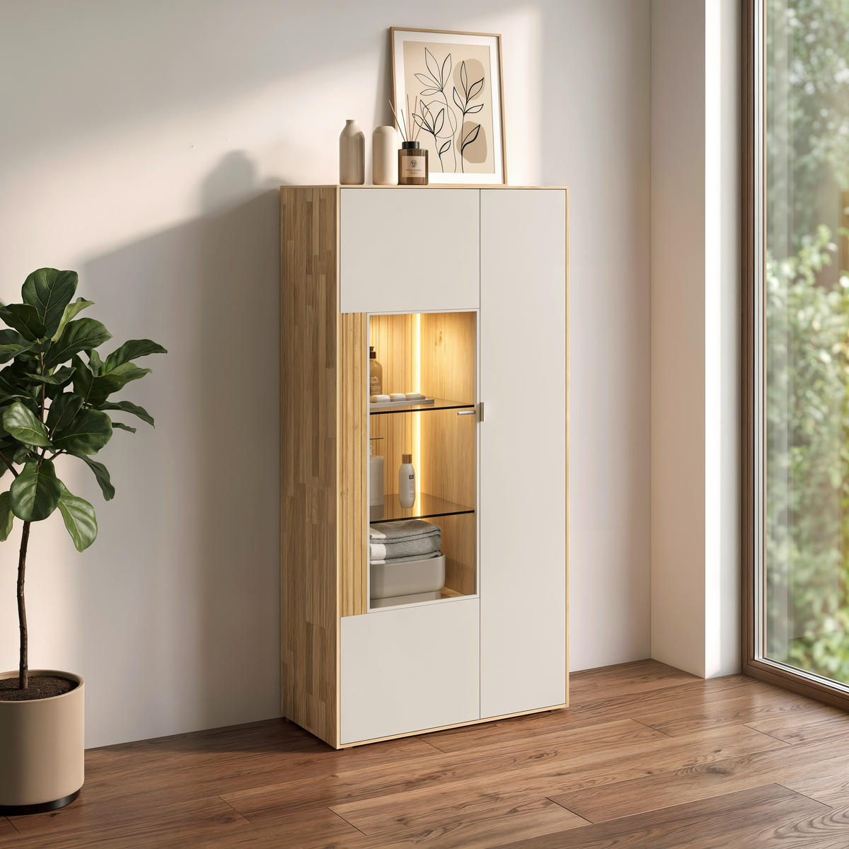 HIGHBOARD  76,9/155,1/37,1 cm  - Kaschmir/Wildeiche, Design, Glas/Holz (76,9/155,1/37,1cm) - Dieter Knoll