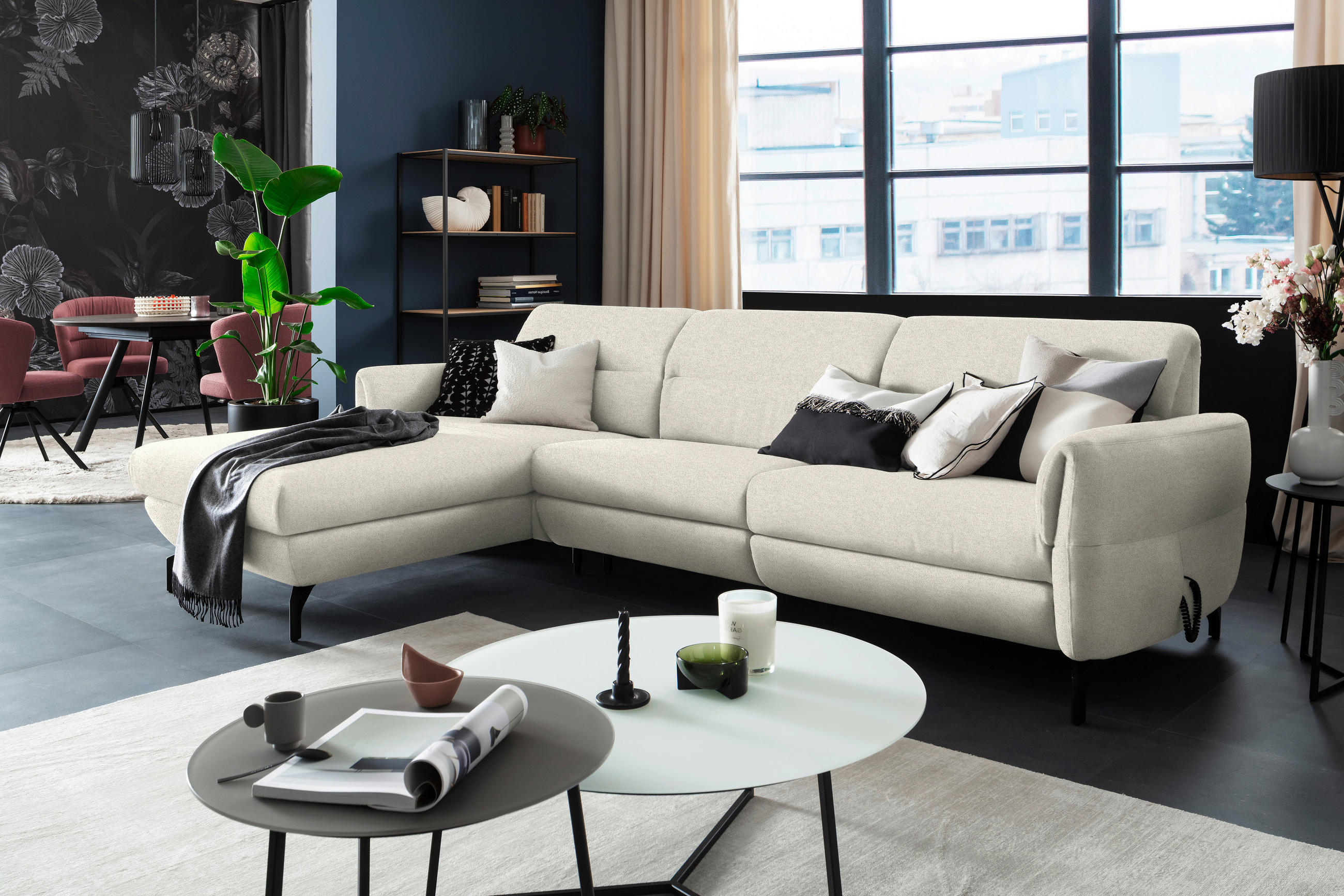 ECKSOFA Creme Chenille - Creme/Schwarz, Design, Textil/Metall (187/299cm) - Schöner Wohnen