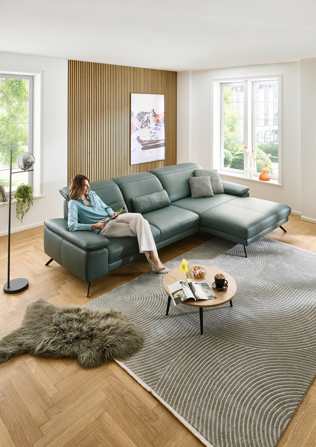 ECKSOFA Opal Echtleder  - Opal/Schwarz, Design, Leder/Metall (332/193cm) - Dieter Knoll