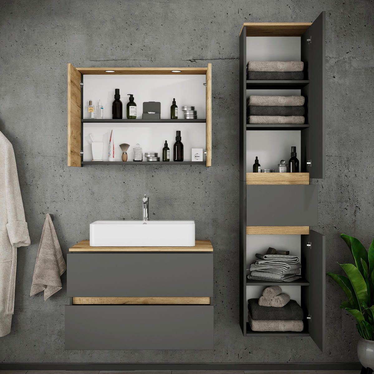 BADEZIMMER 4-teilig  in 120 cm  - Honigeiche/Anthrazit, Trend, Keramik/Holzwerkstoff (120cm) - MID.YOU