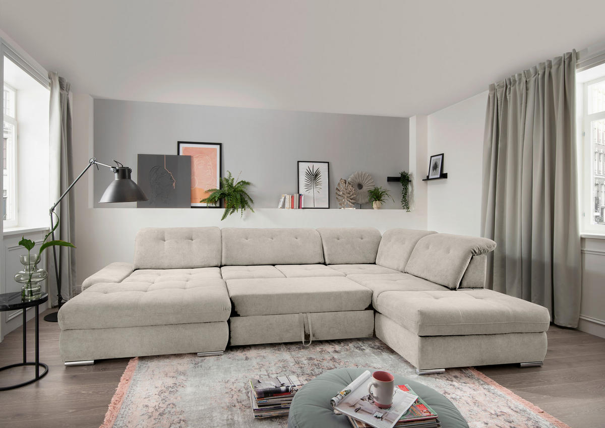 WOHNLANDSCHAFT in Chenille Beige  - Chromfarben/Beige, Design, Textil/Metall (195/376/254cm) - Livetastic