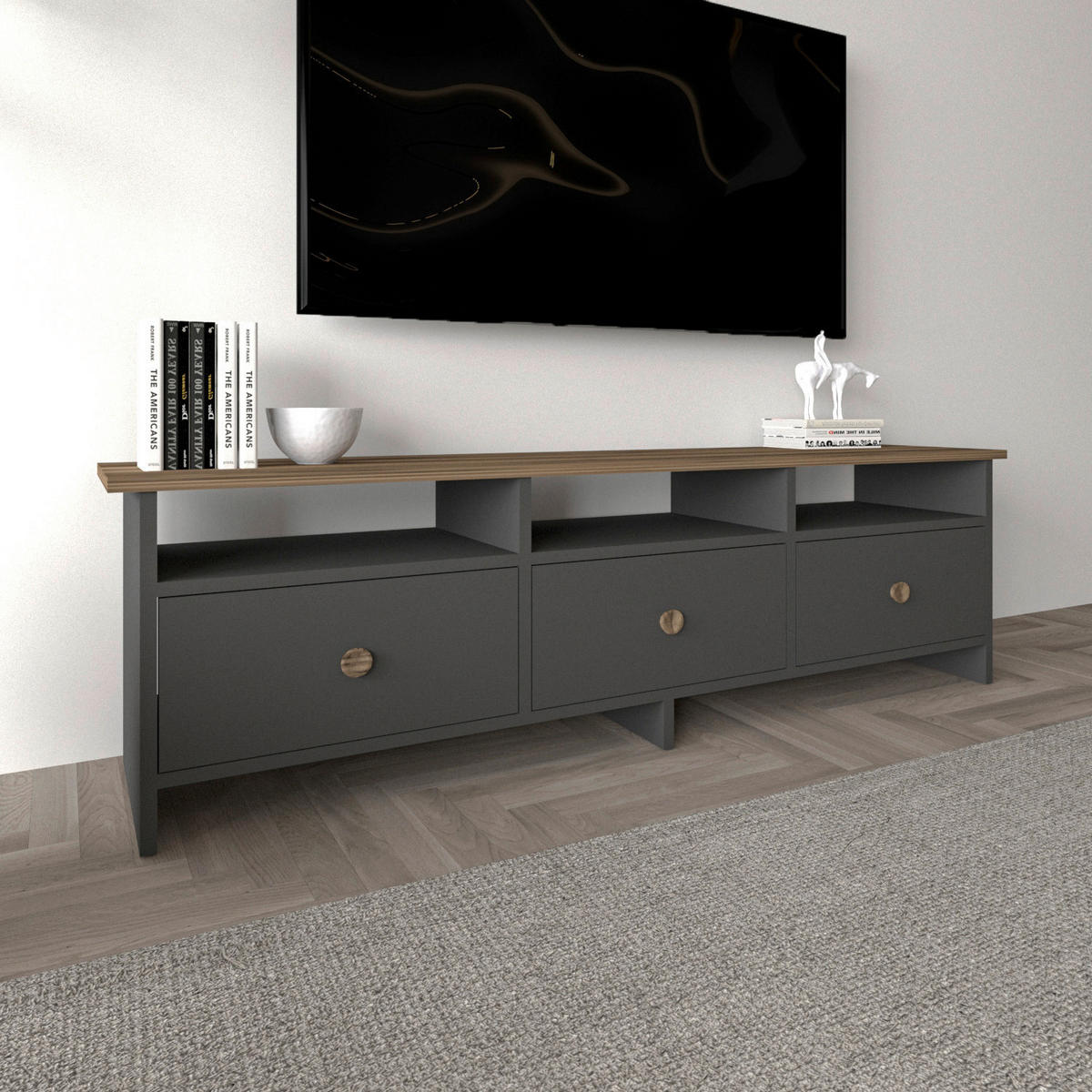 LOWBOARD Oslo TV-Ständer  in 150/47/36 cm  - Anthrazit/Nussbaumfarben, Design, Holzwerkstoff (150/47/36cm) - Livetastic