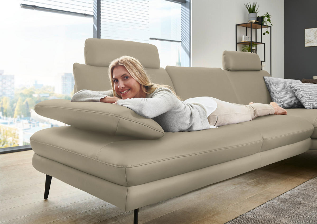 ECKSOFA in Echtleder Creme, Naturfarben  - Creme/Schwarz, Design, Leder/Metall (310/180cm) - Dieter Knoll