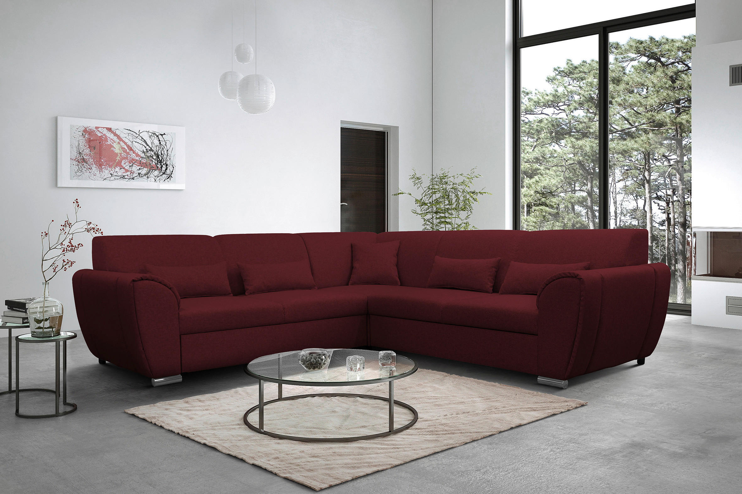 ECKSOFA Dunkelrot Flachgewebe  - Silberfarben/Dunkelrot, Design, Kunststoff/Textil (266/266cm) - Livetastic