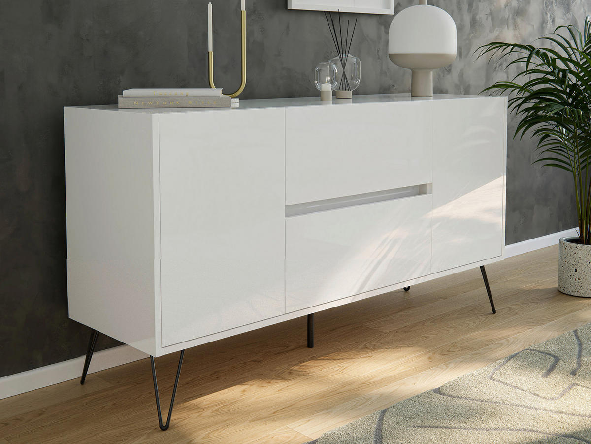 SIDEBOARD Posseik Industrial 139/75,8/42 cm 2 Schublade(n)  - Weiß Hochglanz/Schwarz, Design, Holzwerkstoff/Metall (139/75,8/42cm) - MID.YOU