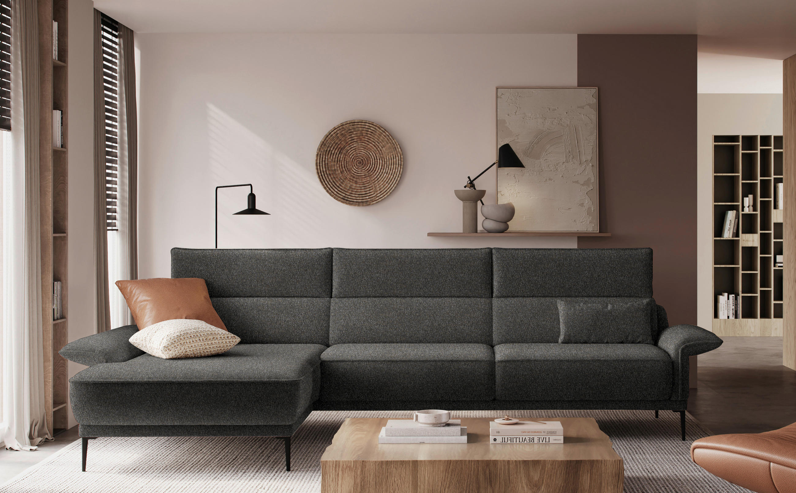 ECKSOFA in Bouclé Dunkelgrau  - Dunkelgrau/Schwarz, Modern, Textil/Metall (186/330cm) - Johann Jakob