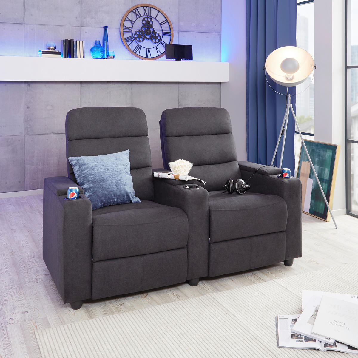 HEIMKINO-SOFA Mikrofaser Anthrazit  - Anthrazit/Schwarz, KONVENTIONELL, Kunststoff/Textil (164/107/90cm) - MID.YOU