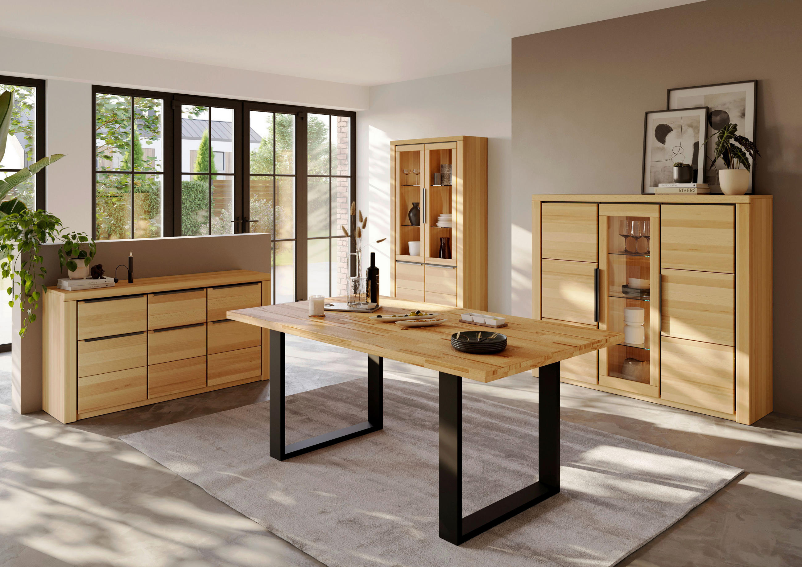 HIGHBOARD Brunei  in 160/141/40 cm  - Buchefarben/Schwarz, Design, Glas/Holz (160/141/40cm) - Livetastic