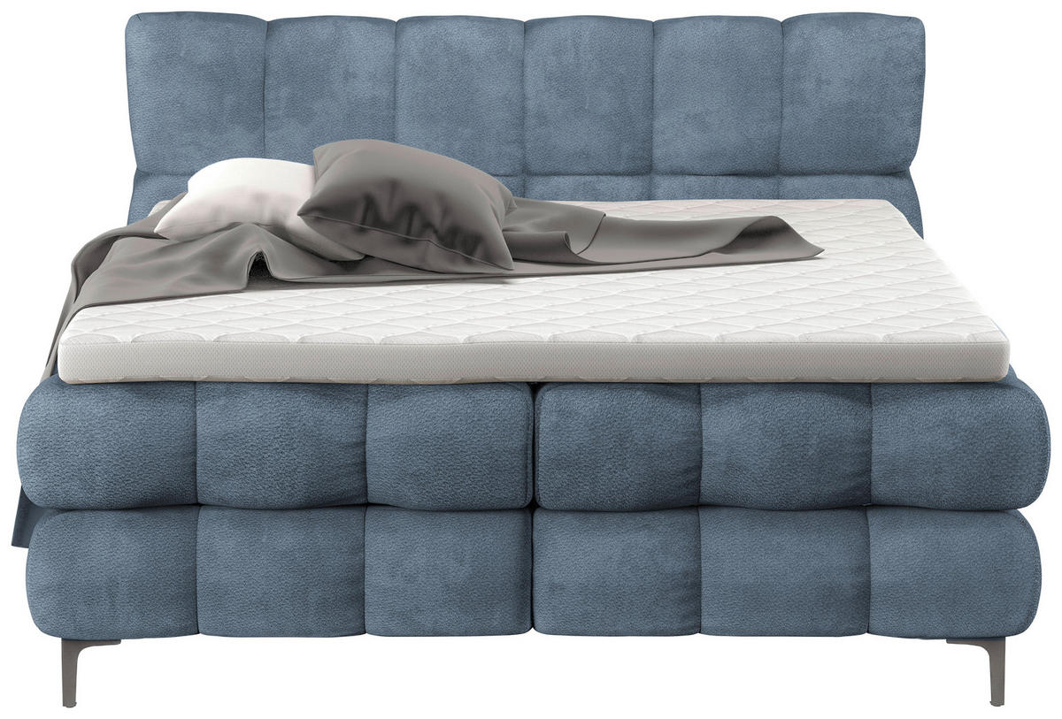 BOXBETT 160/200 cm,  in Blaugrau, gepolstertes Kopfteil, Bettkasten, Topper, H3 + H3 = fest  - Blaugrau/Schwarz, Design, Textil/Metall (160/200cm) - Ti'me