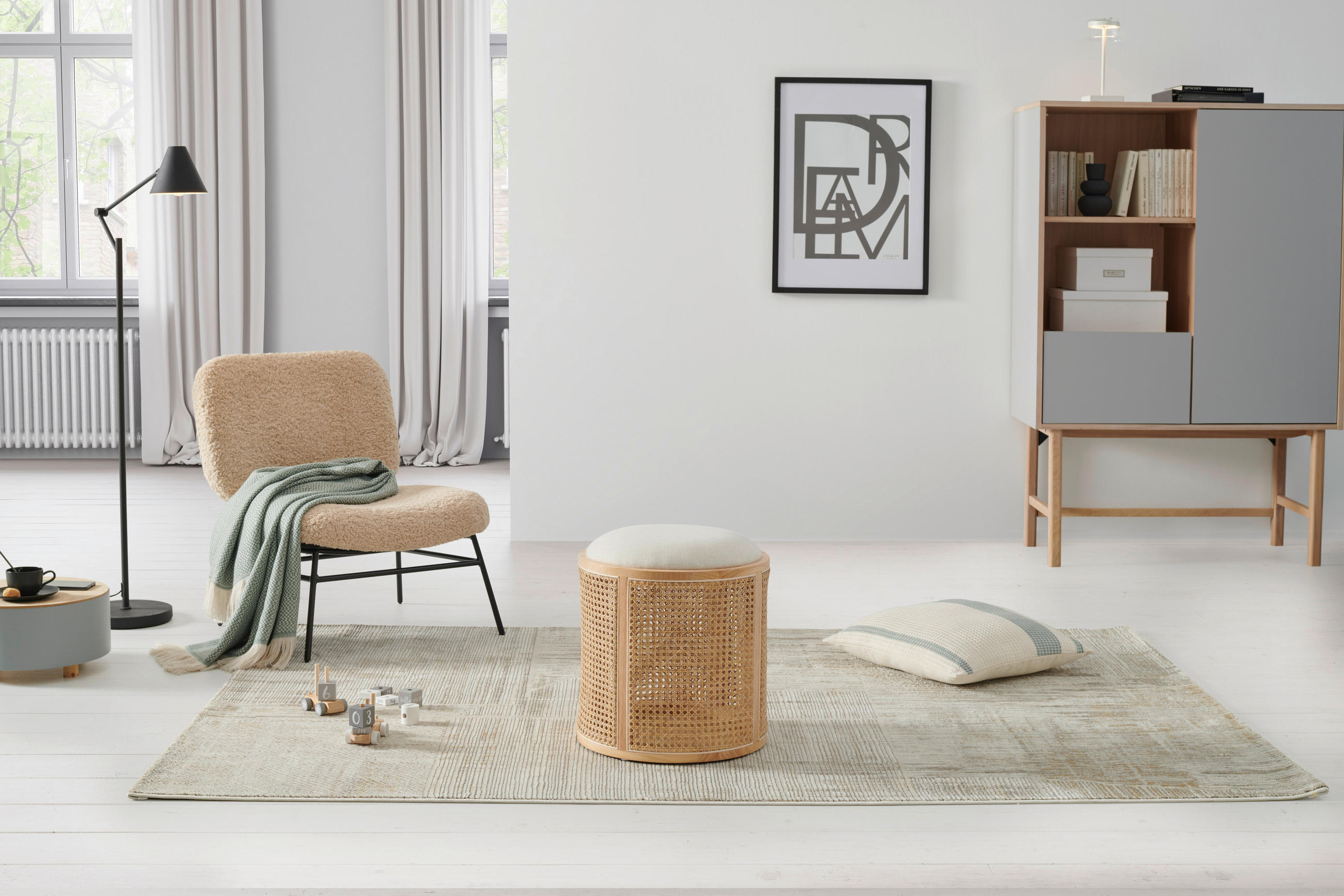 Thumbnail - Mid.you Hocker, Natur, Beige, Holz, Textil, Rattan, Kautschukholz, massiv, rund, 40x45x40 cm, Stauraum, Wohnzimmer, Hock...