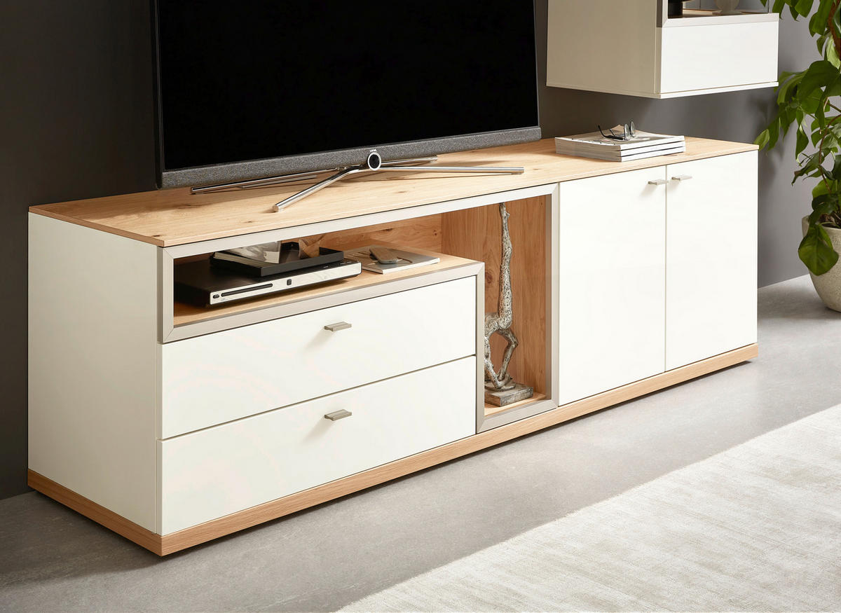 WOHNWAND  in Weiß, Eichefarben  290/218,3/52 cm  - Edelstahlfarben/Eichefarben, Design, Glas/Holz (290/218,3/52cm) - Dieter Knoll