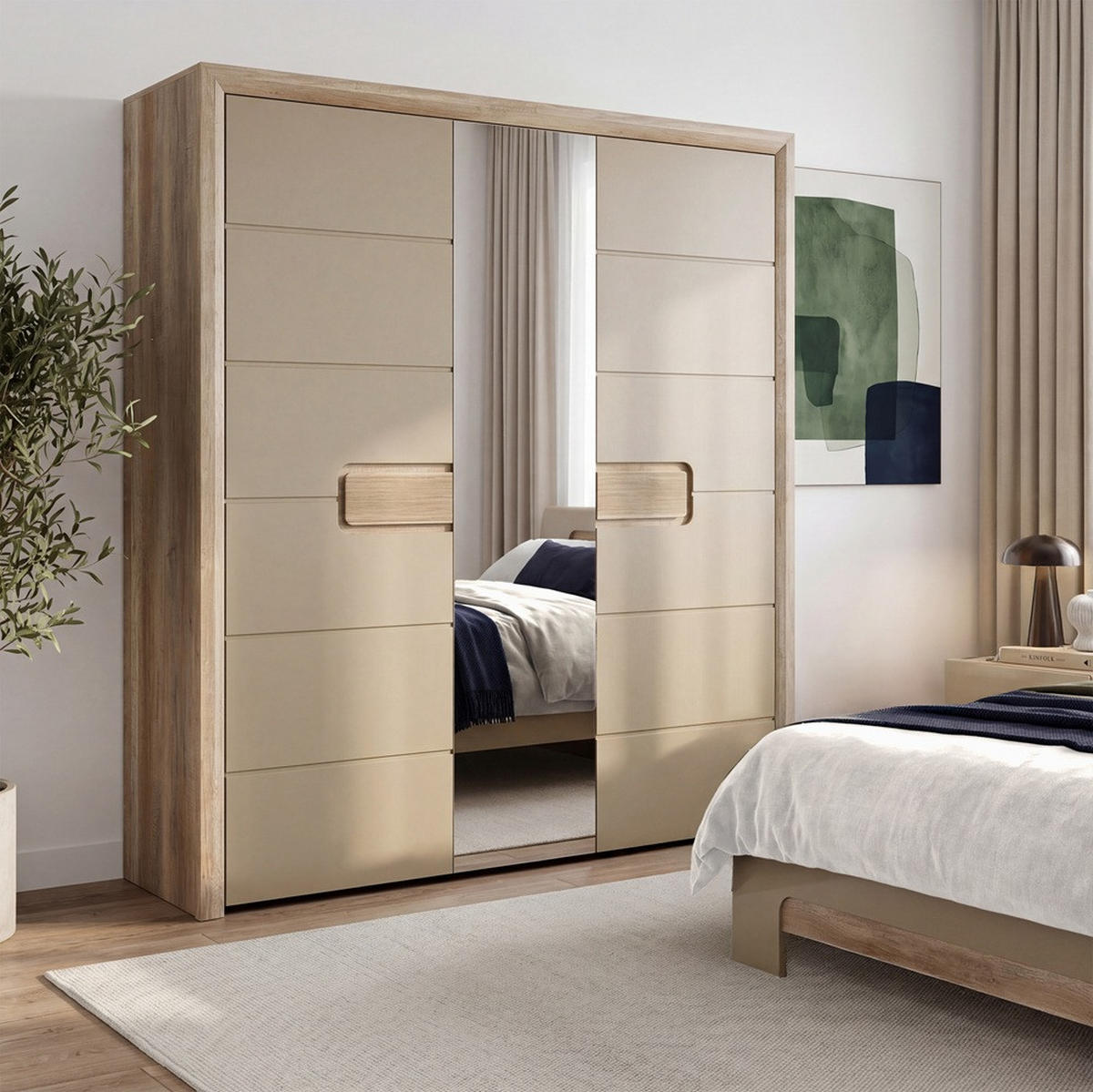 Dulap, culoare lemn stejar, bej - bej/culoare lemn stejar, Basics, material pe bază de lemn (203,4cm) - Hom`in