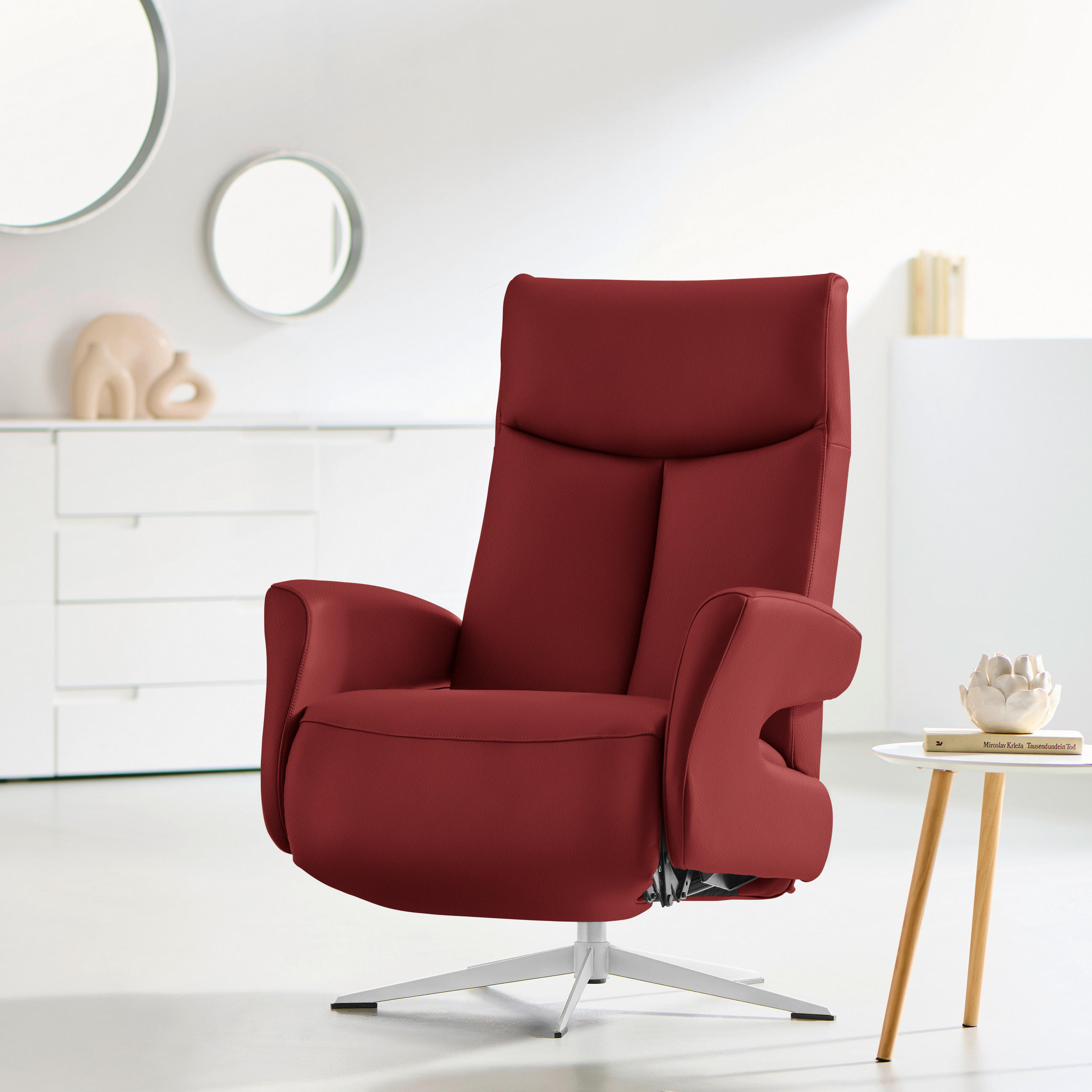 RELAXSESSEL Echtleder Relaxfunktion    - Chromfarben/Rot, Design, Leder/Metall (74/105/82cm) - Welnova