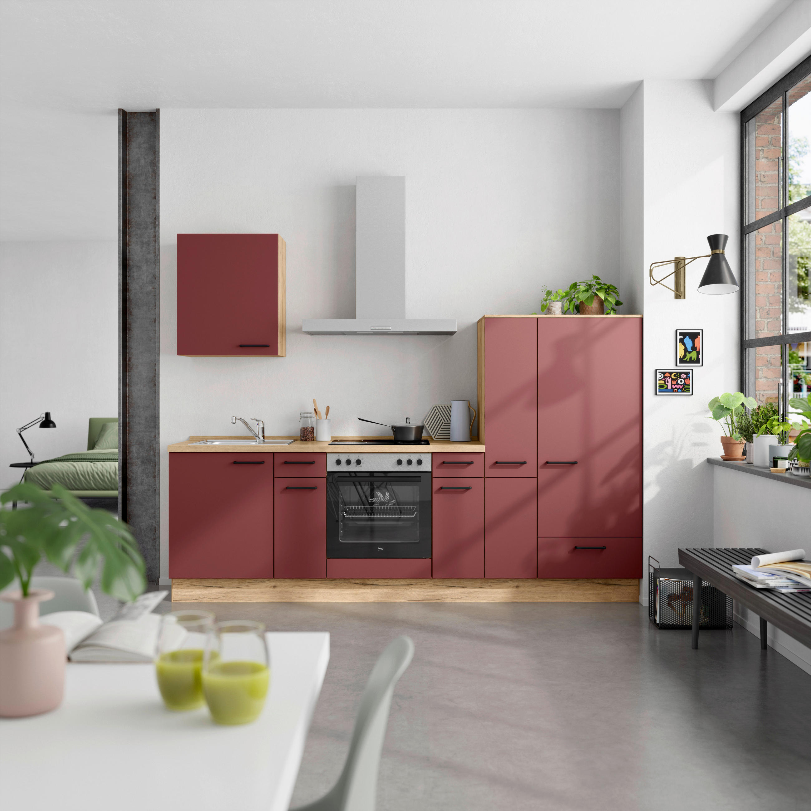 KÜCHENBLOCK 270 cm   in Eichefarben, Dunkelrot  - Eichefarben/Schwarz, MODERN, Holzwerkstoff/Metall (270cm) - Nobilia