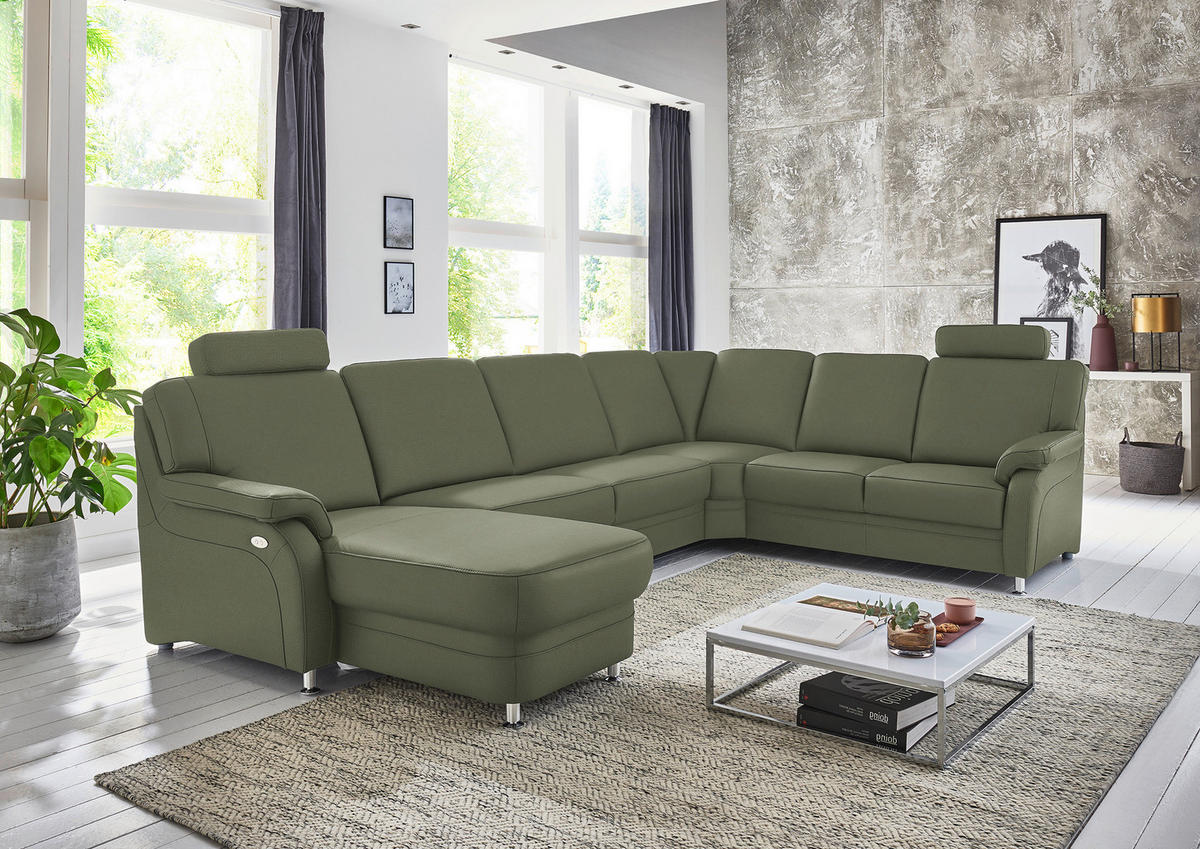 WOHNLANDSCHAFT Echtleder Olivgrün  - Alufarben/Olivgrün, Konventionell, Leder/Metall (165/329/239cm) - Beldomo Premium