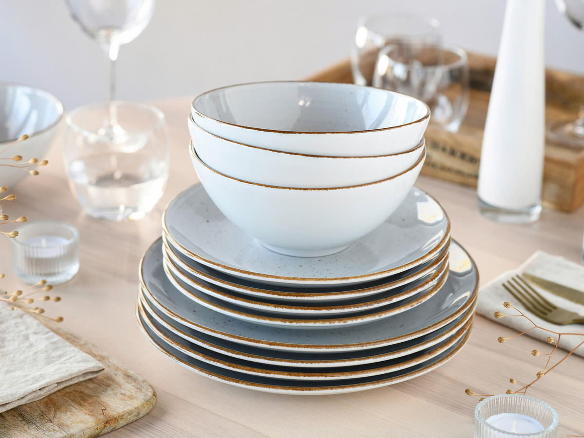 TAFELSERVICE Grau, Weiß Vintage Nature Stein 12-teilig  - Weiß/Grau, Basics, Keramik - Creatable