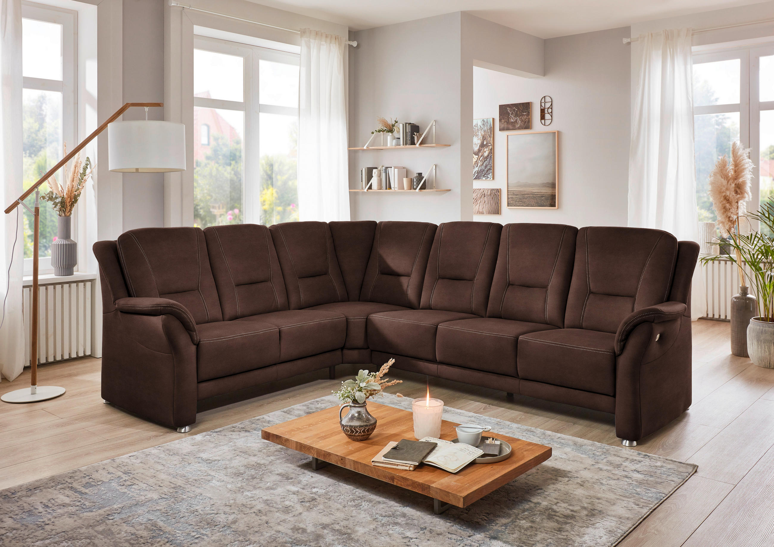 ECKSOFA in Mikrofaser Braun  223/275 cm  - Beige/Alufarben, KONVENTIONELL, Textil/Metall (223/275cm) - Beldomo Comfort