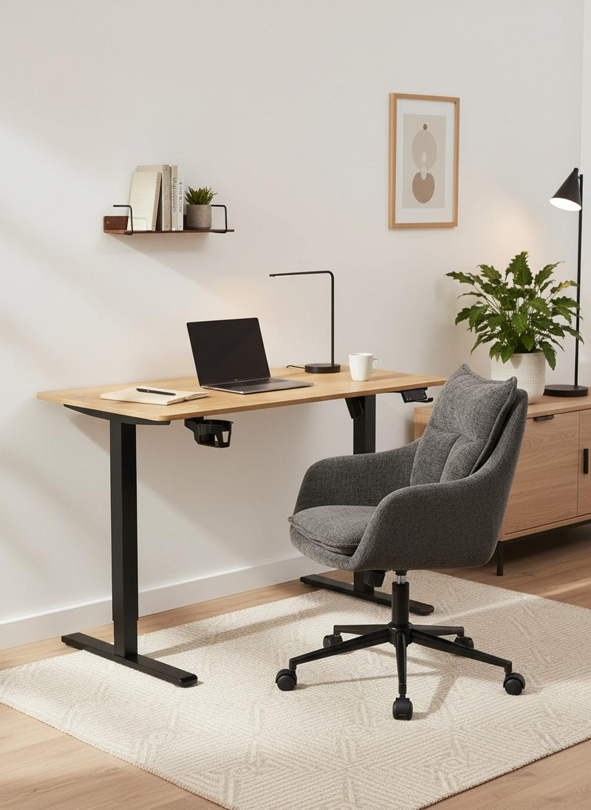 SCHREIBTISCH 120/60/70-115 cm Schwarz, Plankeneiche höhenverstellbar, Memoryschalter, Getränkehalter, Headsethalter elektrisch höhenverstellbar  - Plankeneiche/Schwarz, Modern, Holzwerkstoff/Kunststoff (120/60/70-115cm) - Livetastic