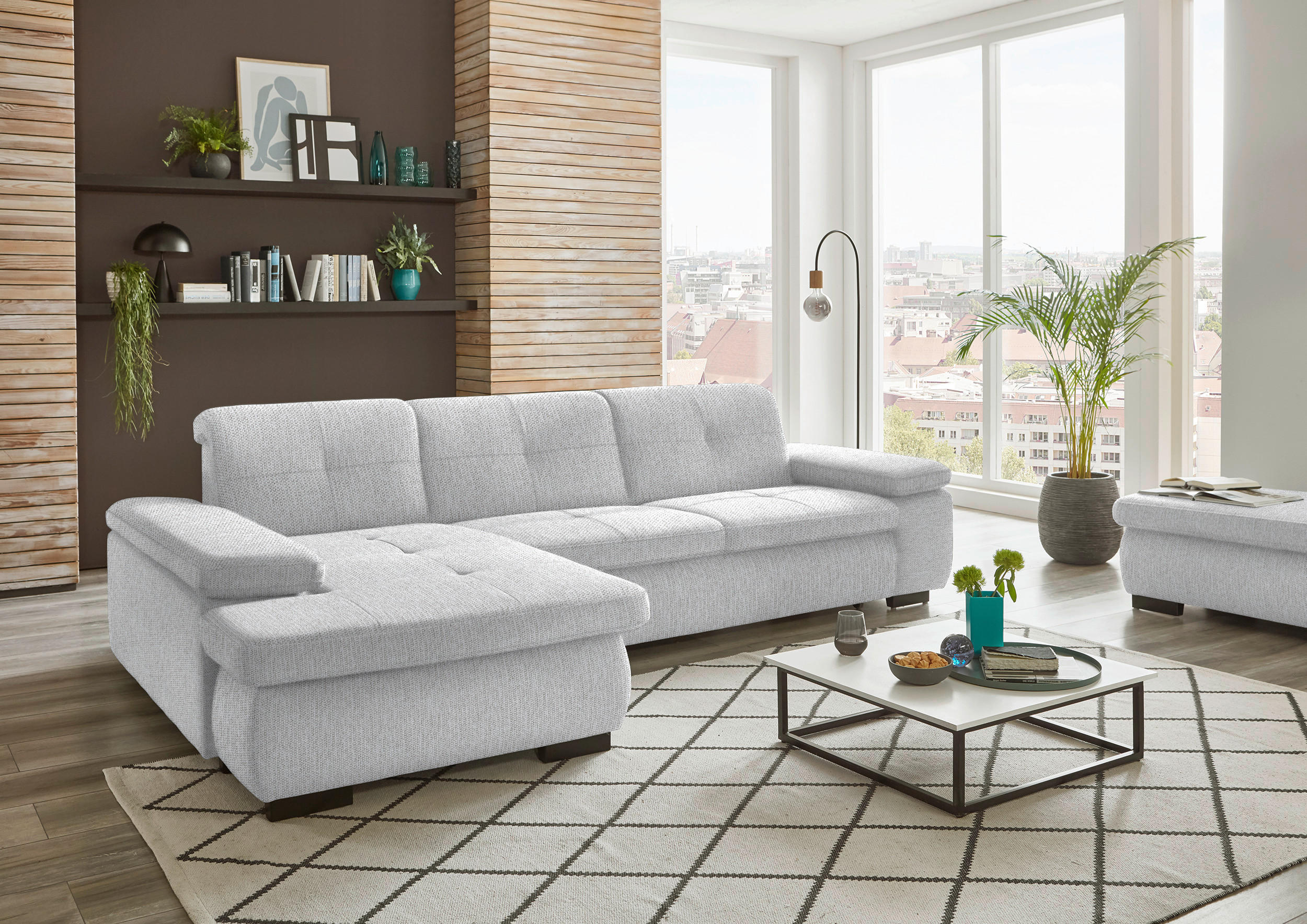 ECKSOFA in Flachgewebe Ecru  - Ecru/Schwarz, Design, Textil/Metall (174/297cm) - Beldomo Style